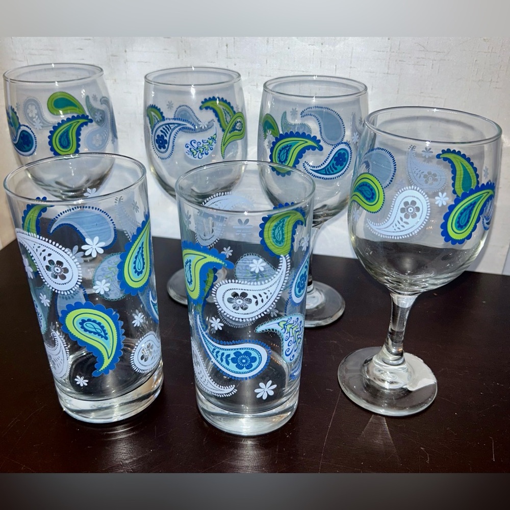 VTG CRISA LIBBEY Paisley Blue/Green/White 6" tumblers (2) 7” wine glasses (4)